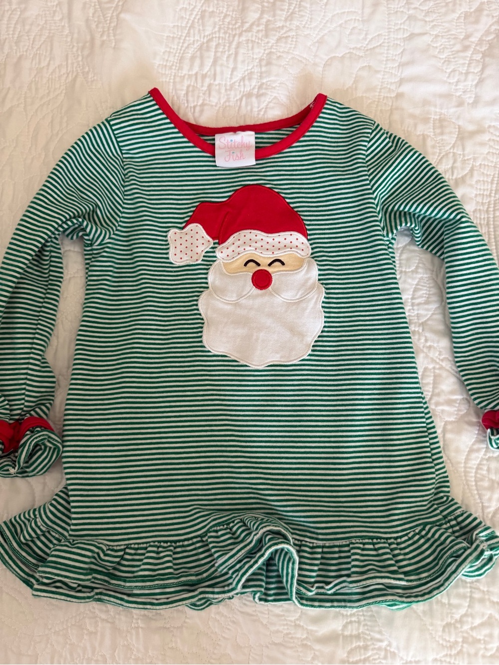 Stitchy Fish- Girls Green & White Striped Santa Applique Long Sleeve Top